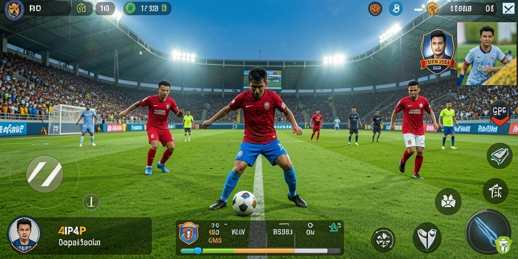 Tampilan gameplay sepak bola yang seru dan menegangkan.