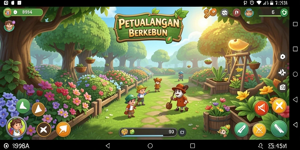 Tampilan gameplay 898A yang menampilkan kebun yang indah dan interaksi dengan karakter lainnya.