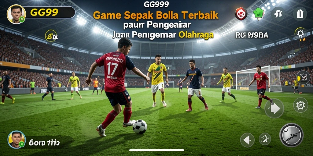 Screenshot gameplay GG999 menampilkan aksi dramatis di lapangan sepak bola.
