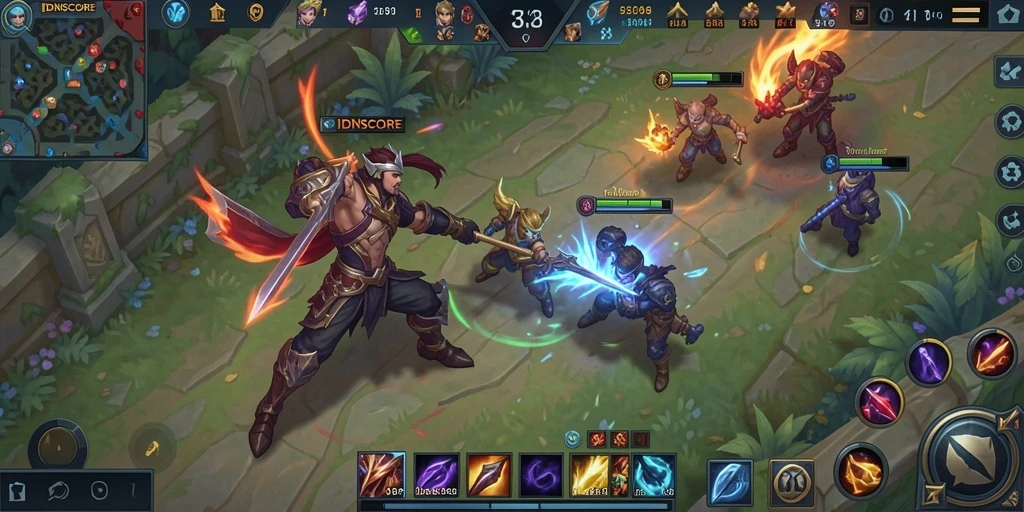 Screenshot gameplay IDNSCORE menampilkan aksi seru dalam pertarungan tim MOBA.