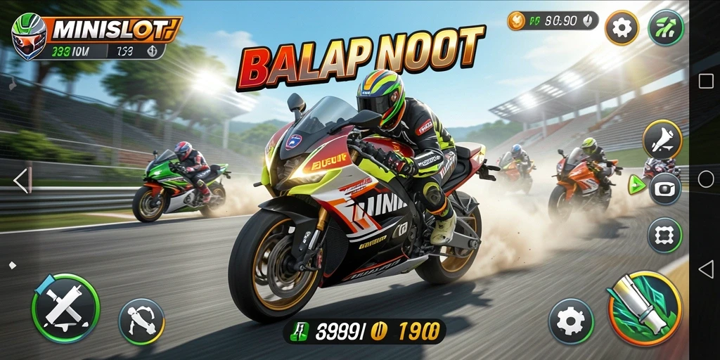 Screenshot gameplay MINISLOT menampilkan balapan motor yang intens.