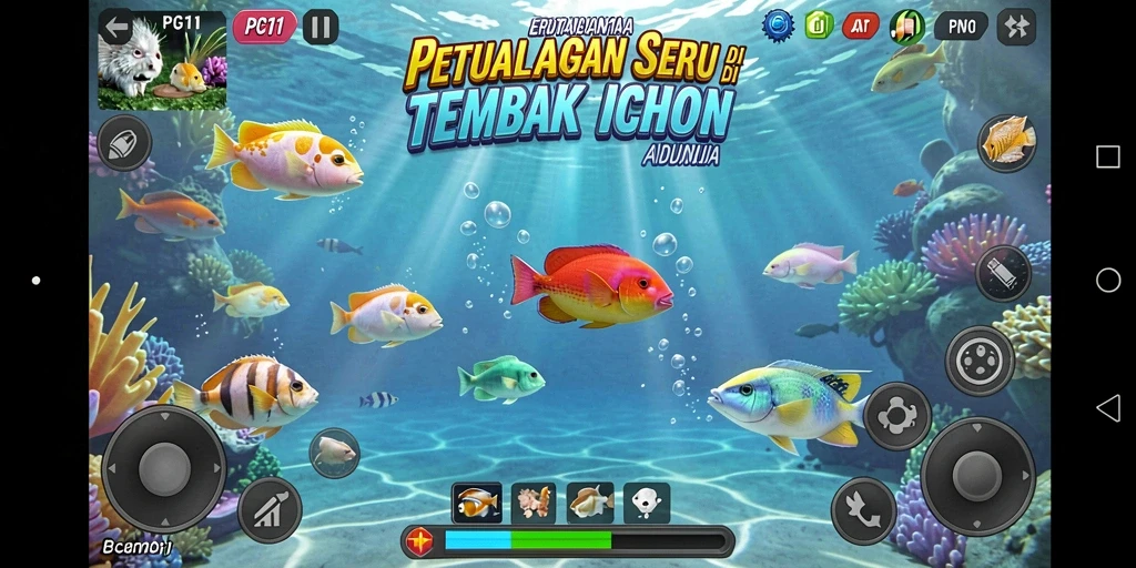 Screenshot gameplay PG11 dengan aksi menembak ikan yang mendebarkan.