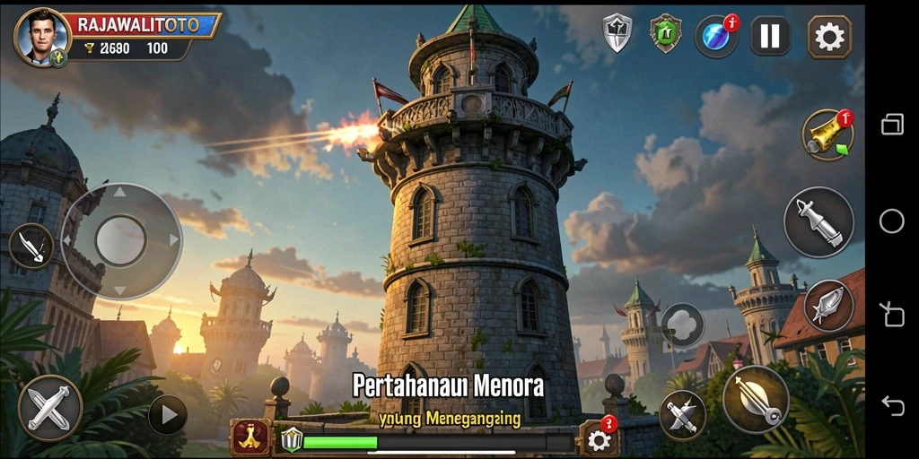 Gameplay seru RAJAWALITOTO menampilkan menara beragam melawan gelombang musuh.