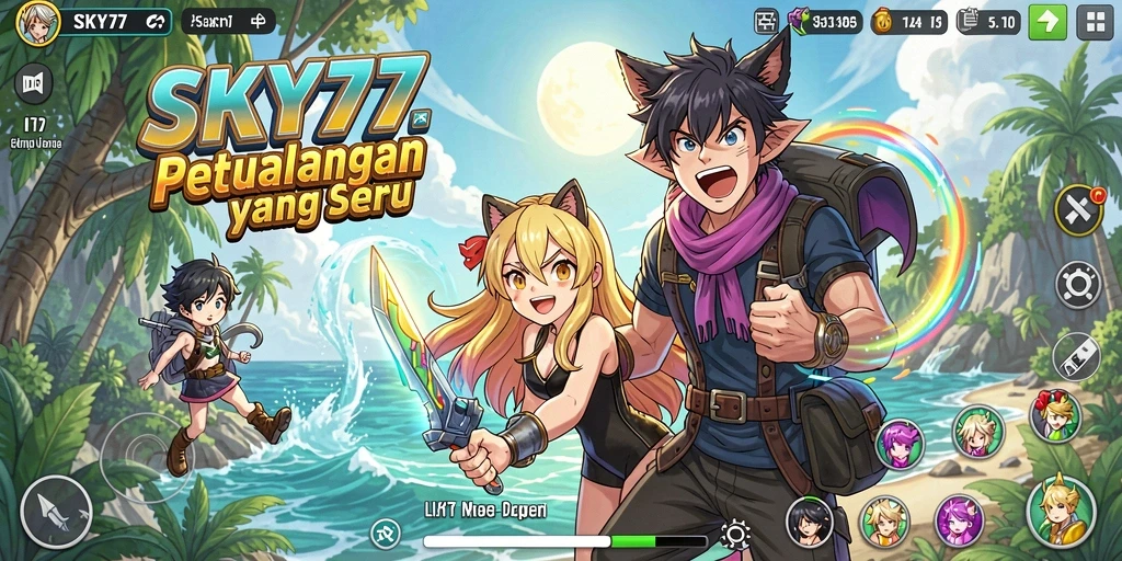 Tangkapan layar SKY77 menampilkan aksi karakter anime di dunia fantasi.